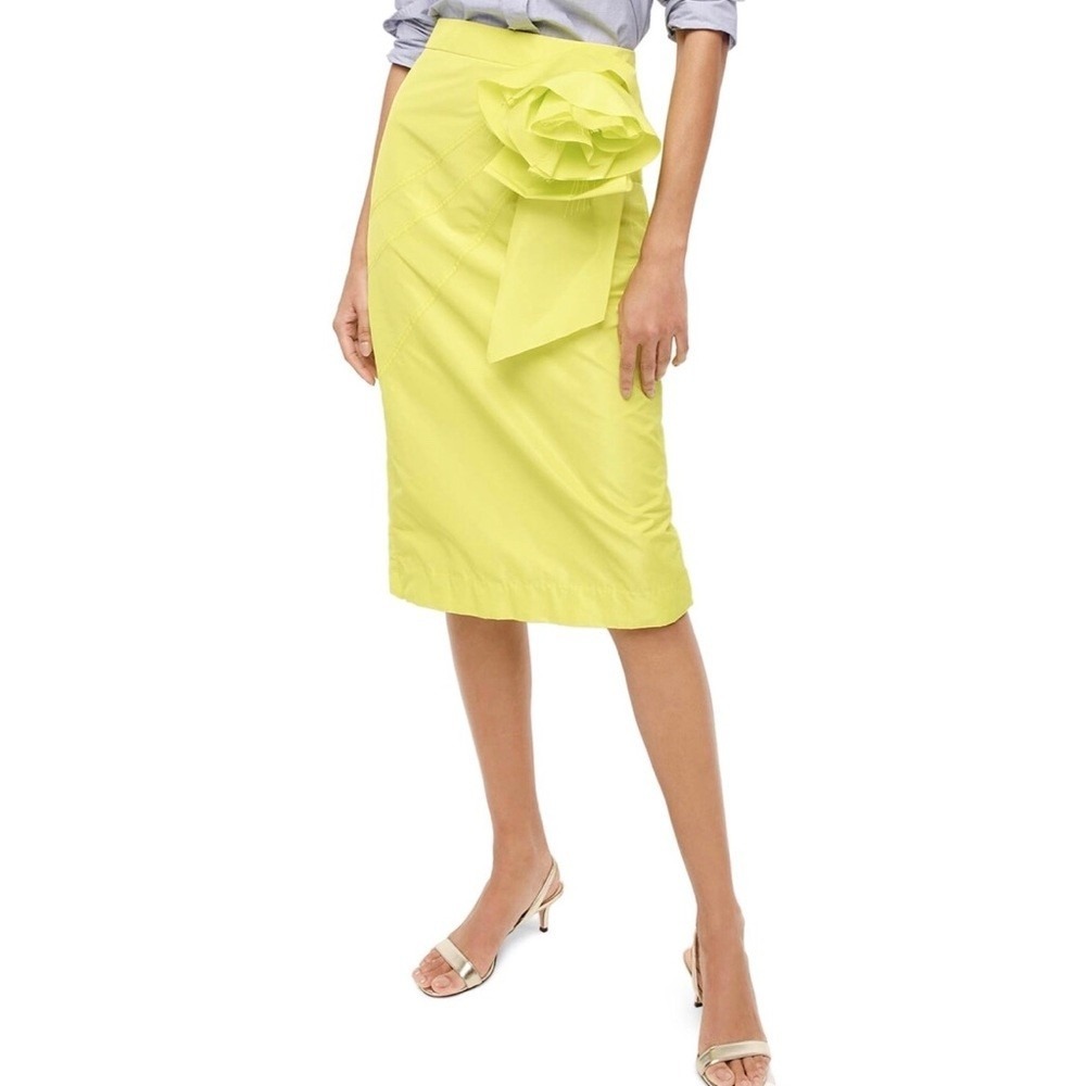 NWT J.Crew Neon Yellow Rosette Taffeta Pencil Midi Skirt AK674 Women's 10